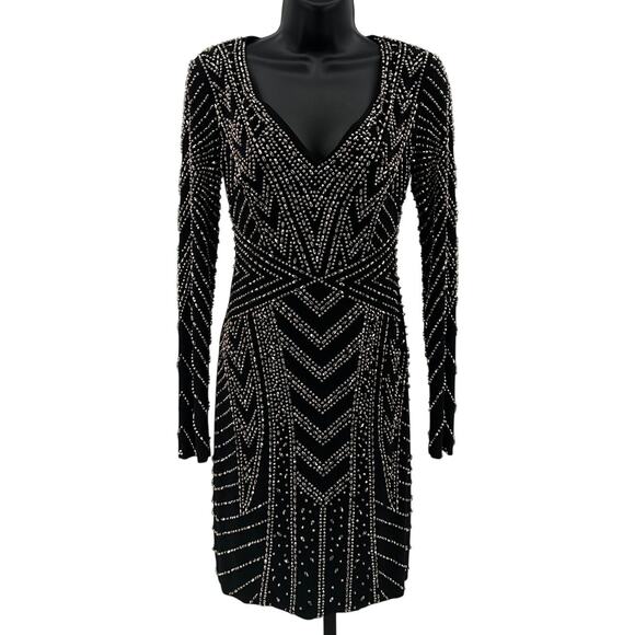 Aqua Dresses Bodycon Dress WMNS 0 Embellished V-Neck Black Stunning Long Sleeves - Picture 1 of 7